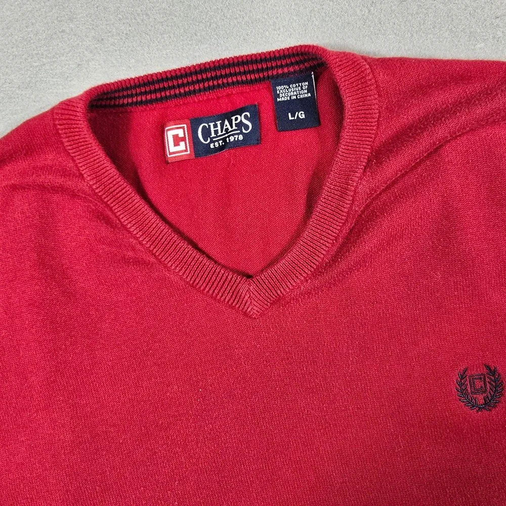 Chaps Mens Large Red Sweater Vest V-Neck Cotton Knit Embroidered Logo Classic